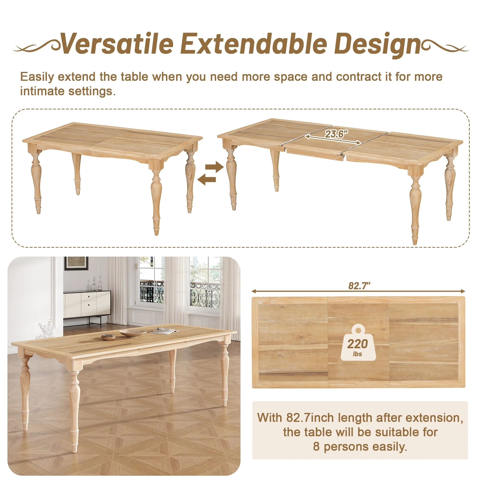 Roomfitters Vintage 6-Piece 82.7 Extendable Dining Set with Removable Leaf, Bench and Upholstered Chairs, Natural