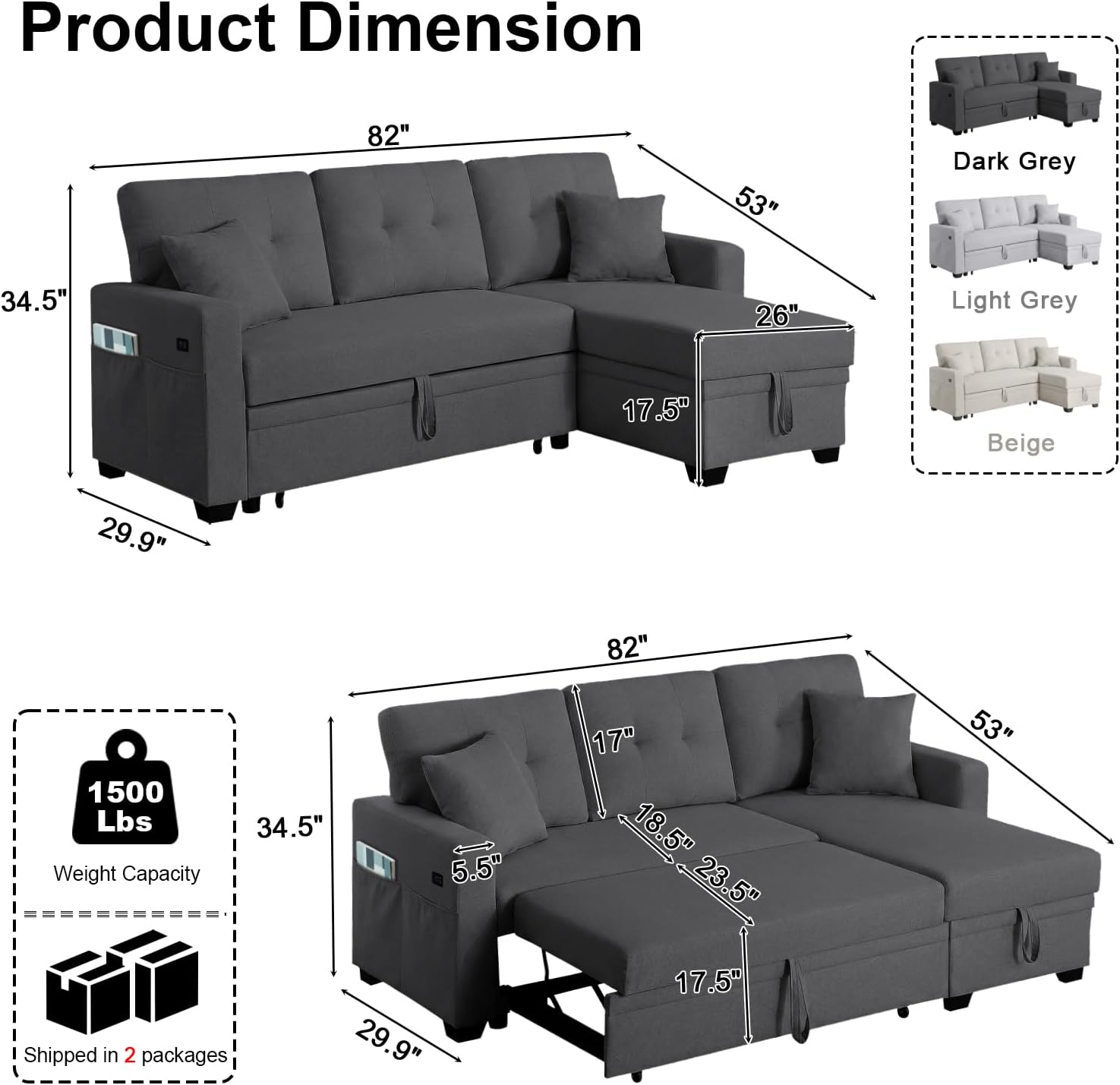 82 L Shaped Sleeper Sofa Bed: Sectional Sleeper Couch with Pull Out Bed, Storage Chaise, USB Charging, 3 Seat Sectional Sofa Bed for Living Room (Linen Fabric, Dark Grey)