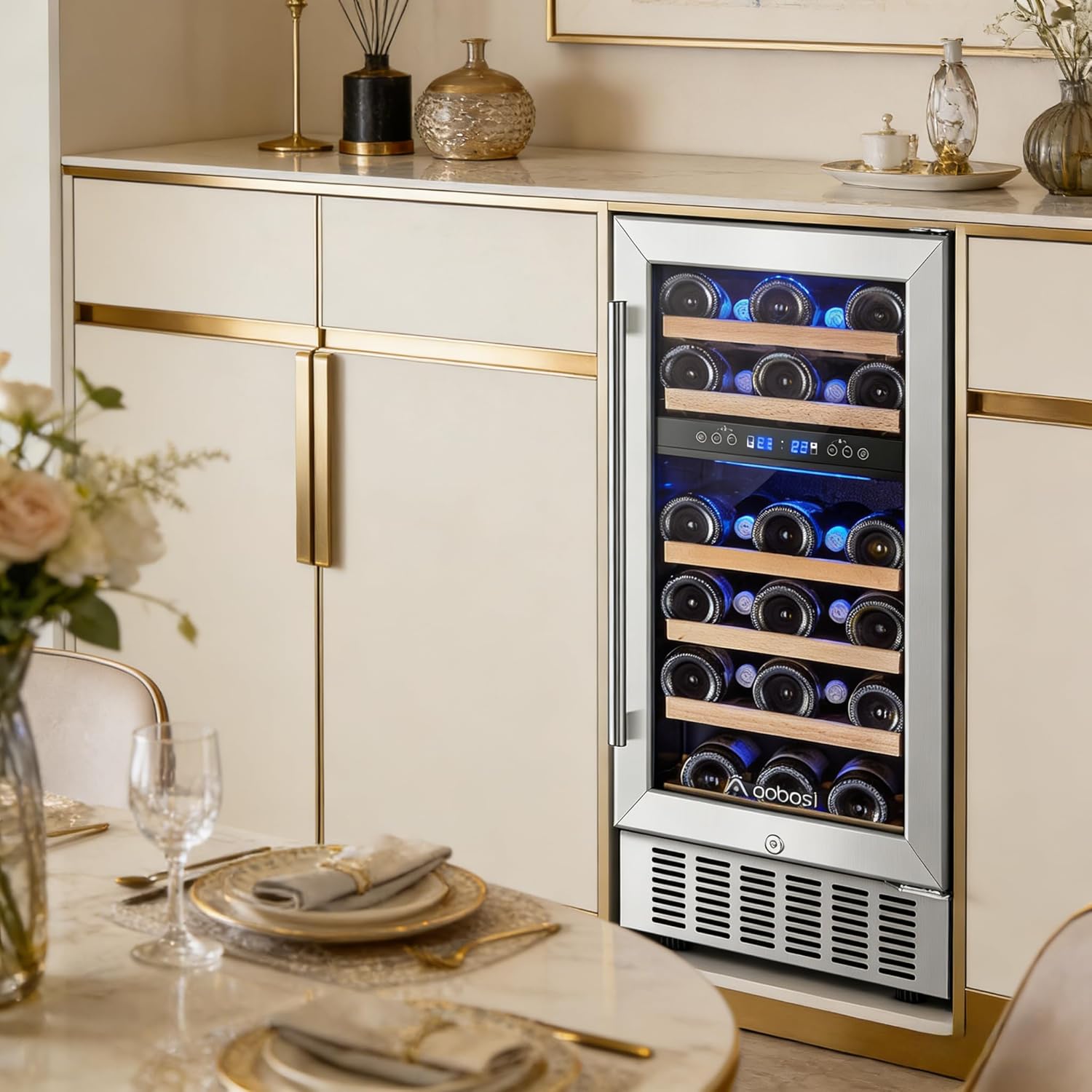 AAOBOSI 15 inch Dual Zone Wine Fridge, 28 Bottles Built-in or Freestanding Fridge,41-64°F Wine Cooler with Professional Compressor，Low Noise and No Fog
