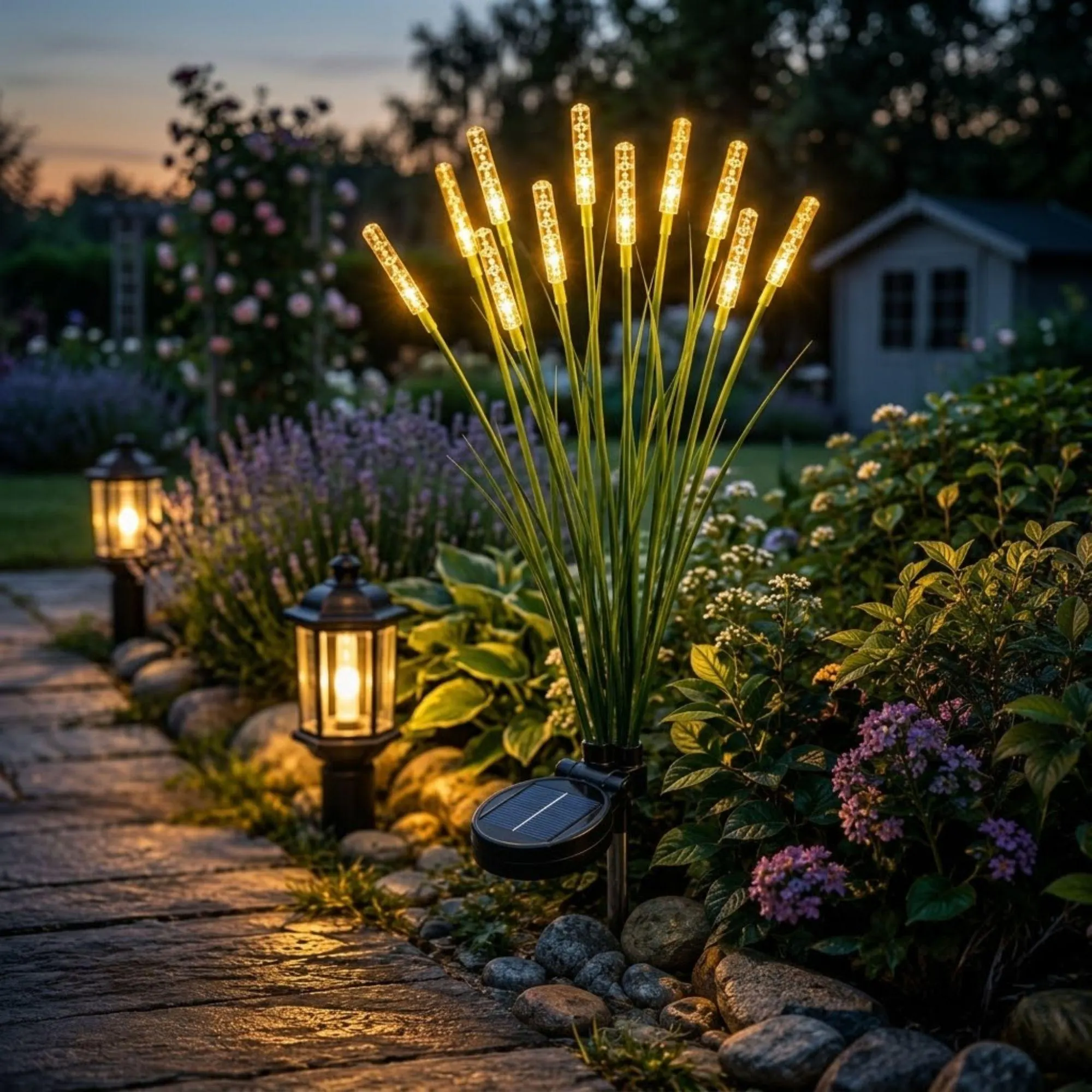 Solar Reed Cattail Garden Lights | Waterproof LED Pathway Stake | Warm White Colorful Outdoor Landscape | Patio Yard Decor | 6 8 10 Head
