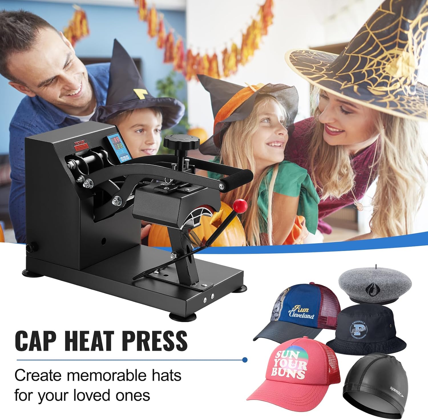 VEVOR Heat Press 6x3.75Inch Curved Element Hat Press Clamshell Design Heat Press for Hats Rigid Steel Frame No Stick Digital LCD Timer and Temperature Control (6x3.75Inch Clamshell Design)
