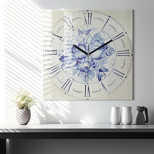Horloge murale Wallfluent 60x60 cm Aiguilles noires Fleurs bleues 1 pcs