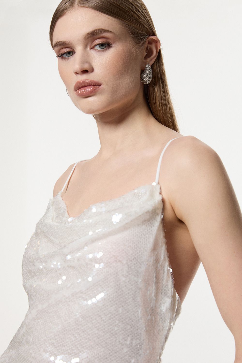 KarenMillen Liquid Shine Strappy Cowl Neck Woven Sequin Dress
