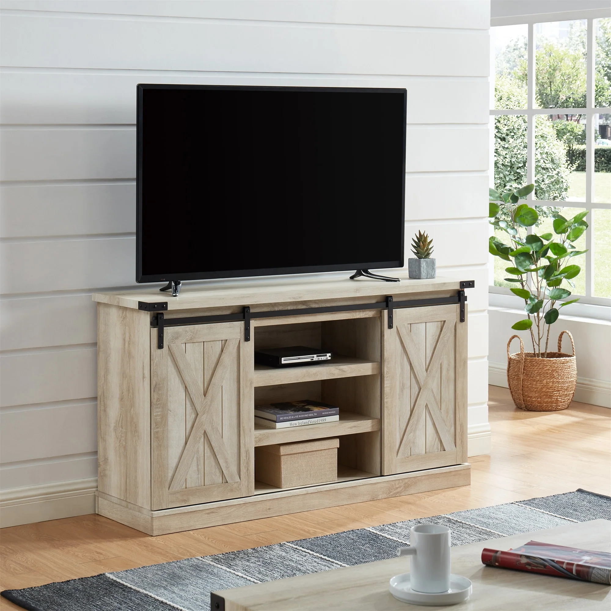 54 Farmhouse Sliding Barn Door TV Stand for TV up to 60 Inch Flat Screen