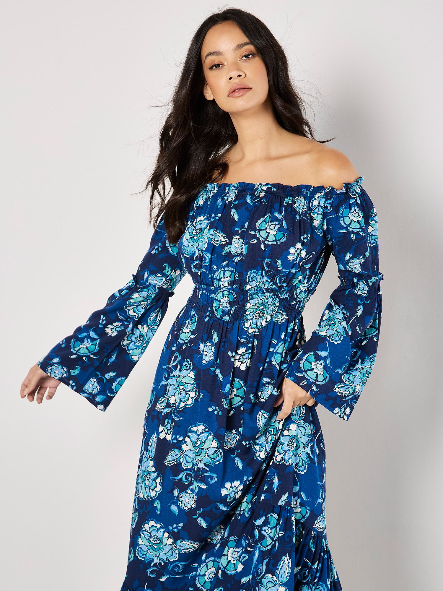 Apricot Floral Bardot Maxi Dress