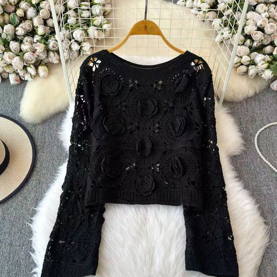 PEACH ACCESSORIES 3D Rosette Detail Long Sleeve Knit Lace Top