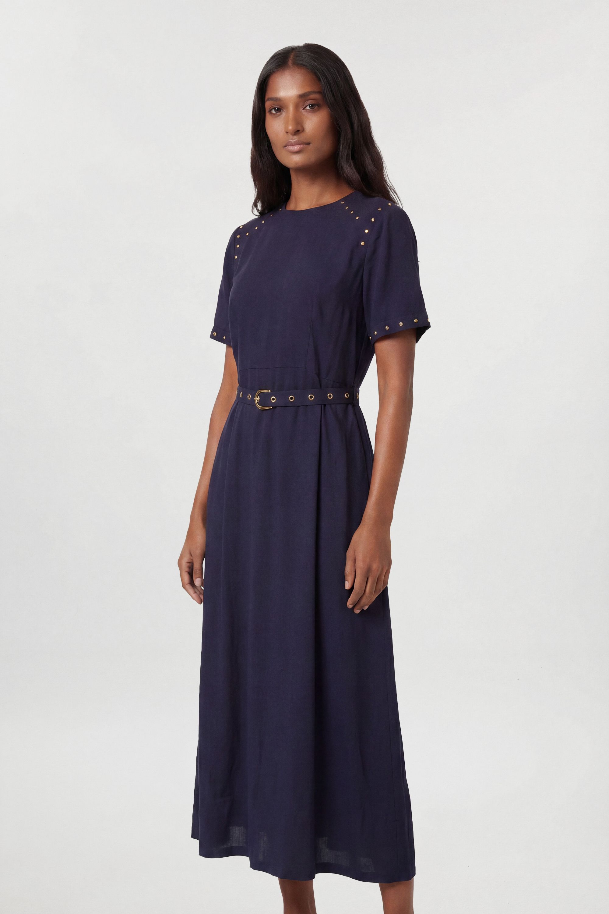 KarenMillen Premium Viscose Linen Woven Midi Dress With Stud Detail