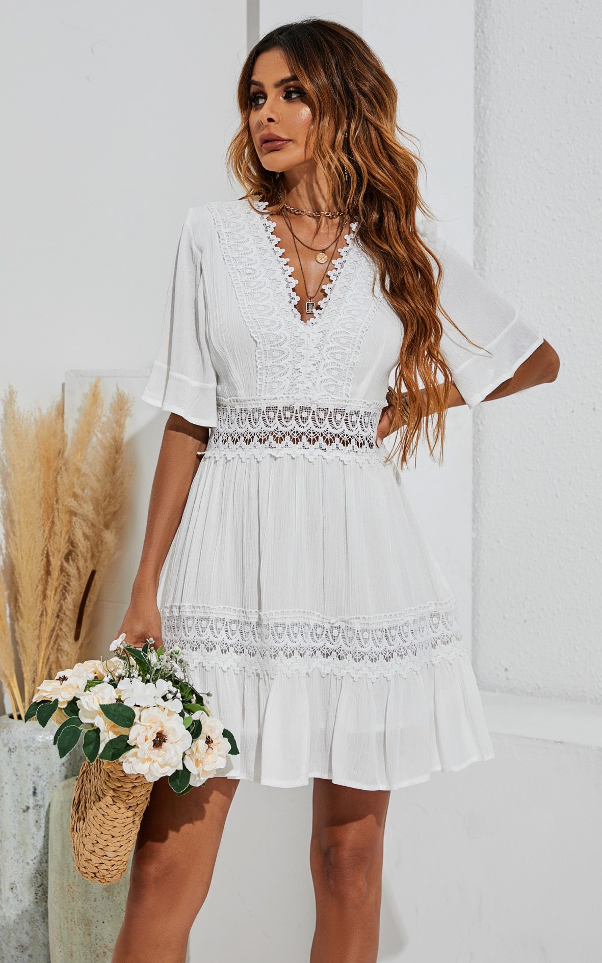 FS Collection V Neck Lace Mini Dress In Ivory White