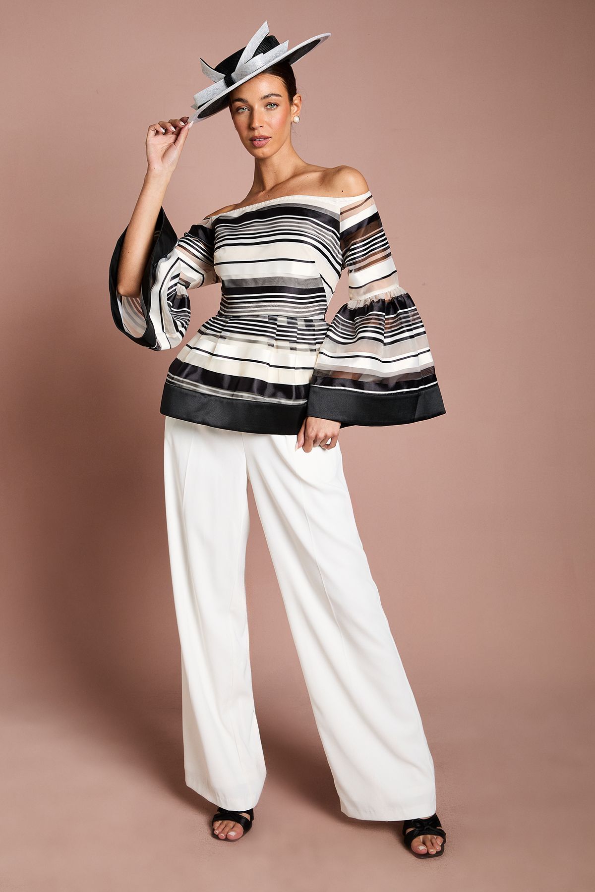Coast Lisa Tan Striped Organza Statement Blouse