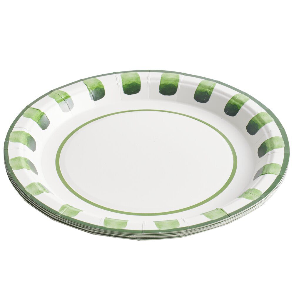 Assiette à dessert carton x8 blanc contour motif vert Ø18cm