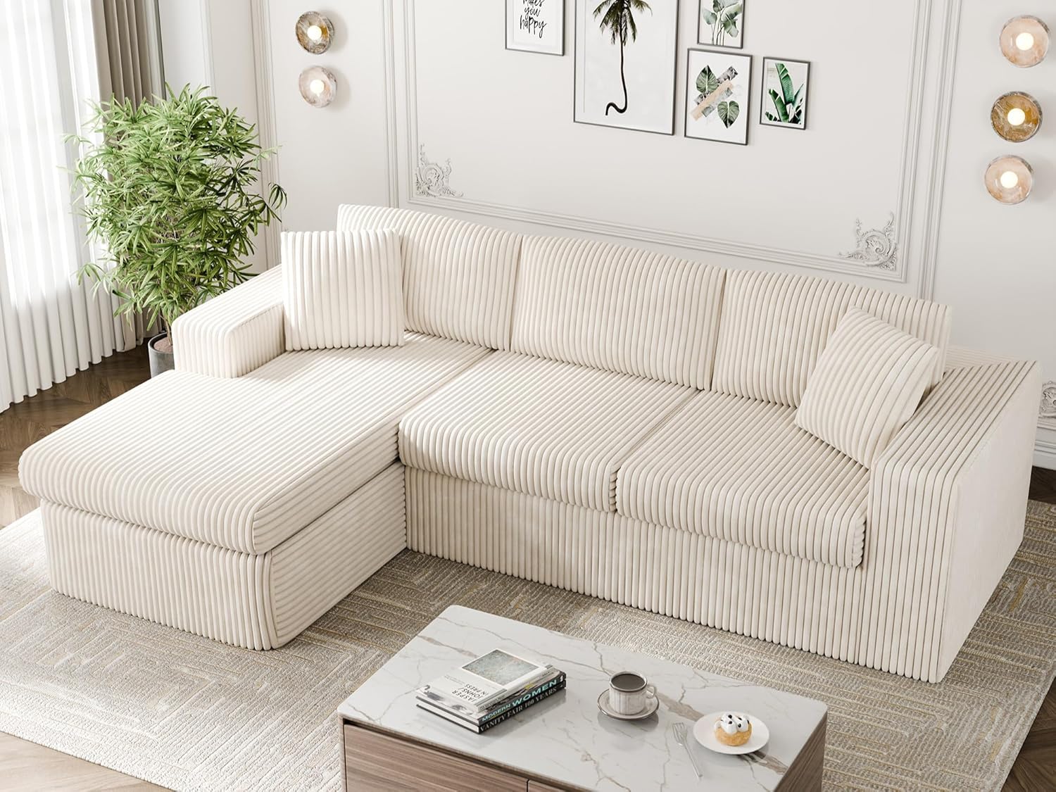 Vongrasig 105 Boneless Couches for Living Room, Sectional Couches Modular Sofa with L-Shaped Chaise, Memory Foam Comfy Cloud Couch with Plush Corduroy Fabric, No Assembly Required, Beige