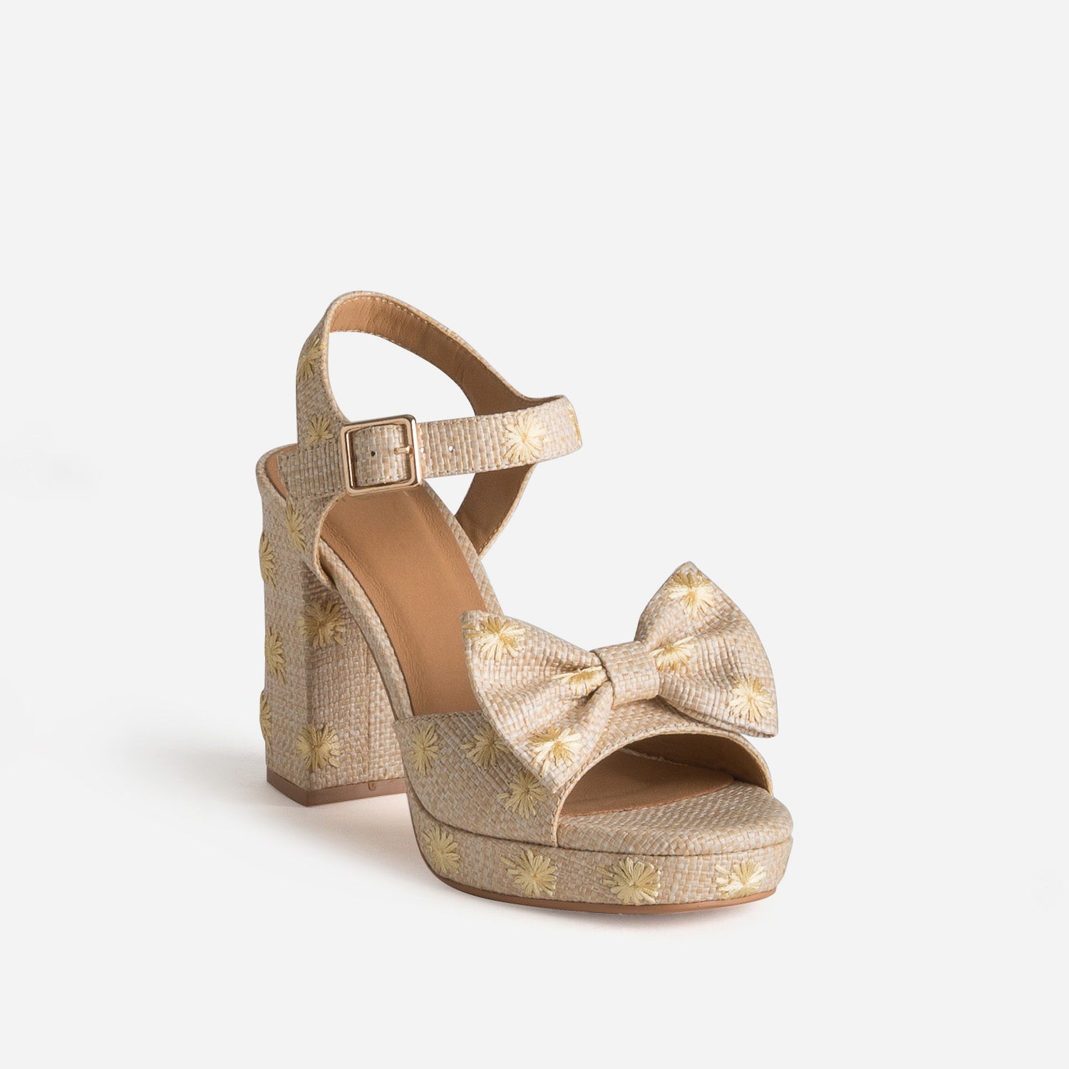 Sandale plateforme beige tressée broderies fleurs