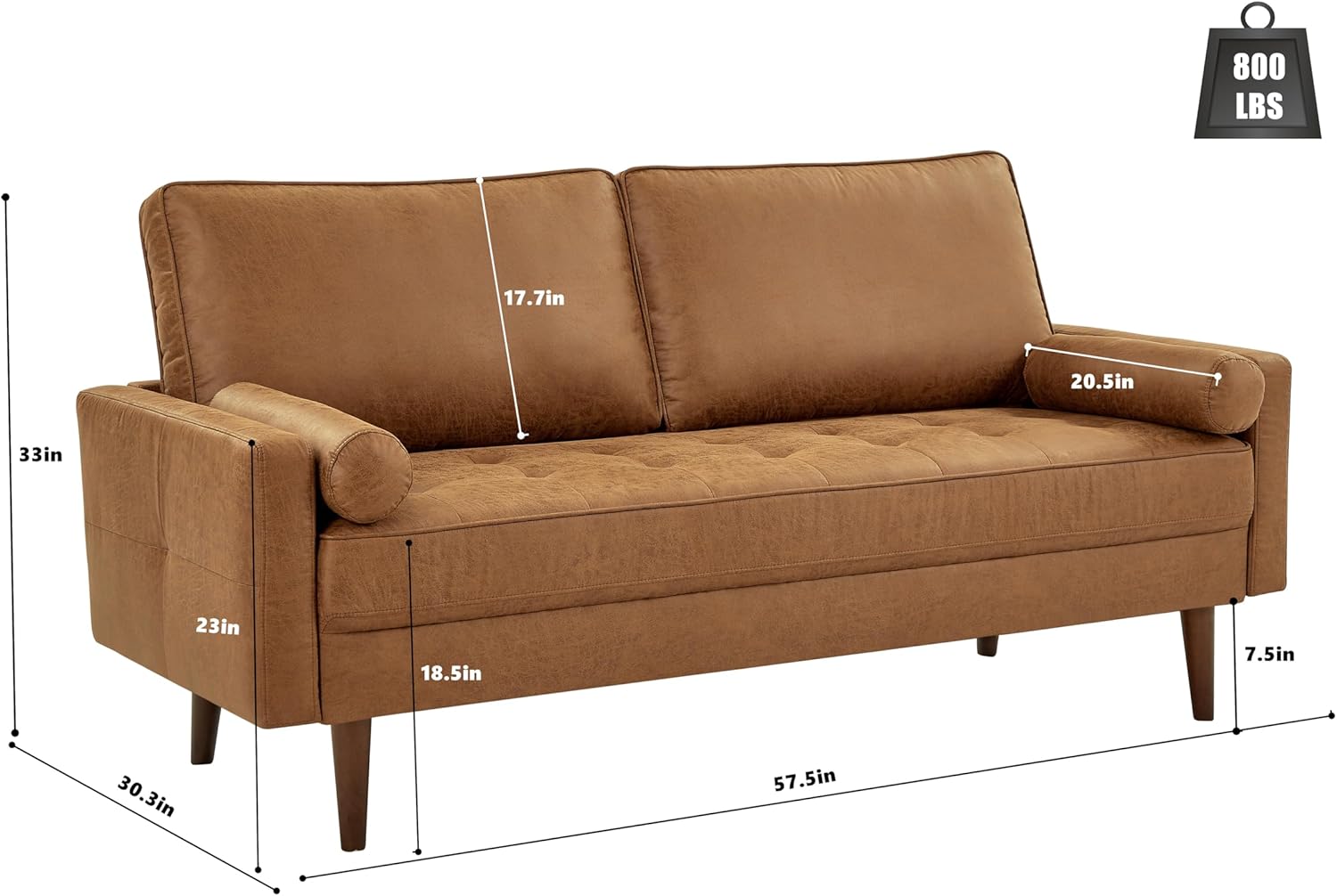 HIFIT 58 Loveseat Sofa Couch, Mid Century Modern Faux Leather Couch with Hand-Sewn Deep Love Seat & 2Pillows, Home Sofa Living Room Small Couches for Small Space,Bedroom,Office,Solid Wood Frame,Brown