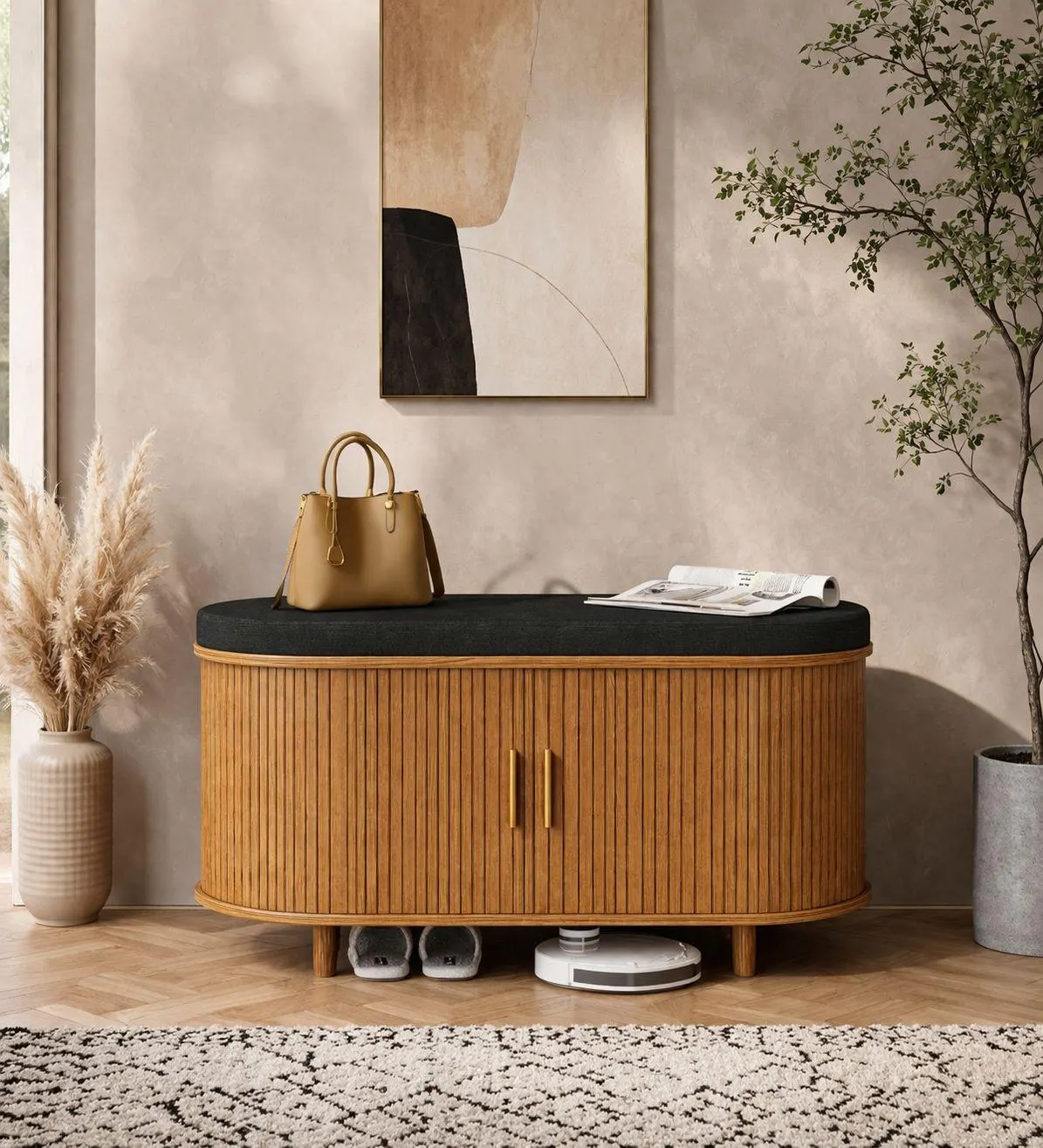 Shoe Storage Bench with Cushion, Mid Century Modern Entryway Bench, Sliding Door Shoe Cabinet, Padded Seat Shoe Rack,Storage Bench