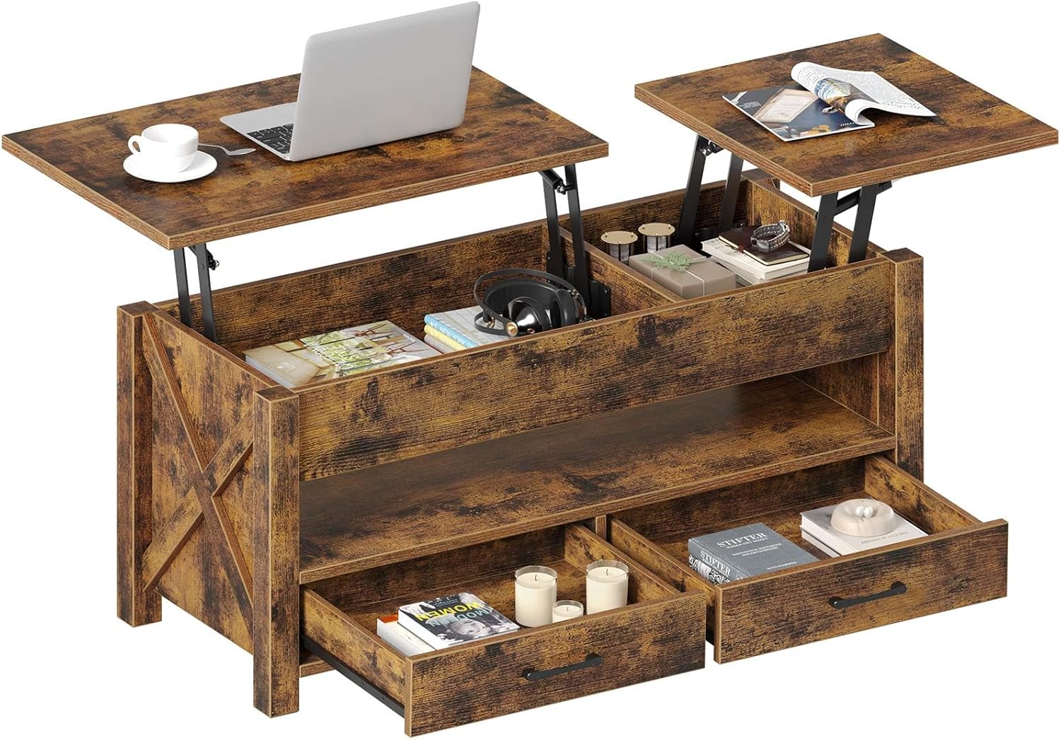 Seventable Coffee Table, 47.2 Lift Top Coffee Table with 2 Storage Drawers and Hidden Compartment, Farmhouse Center Table with Wooden Lift Tabletop, for Living Room,Rustic Brown
