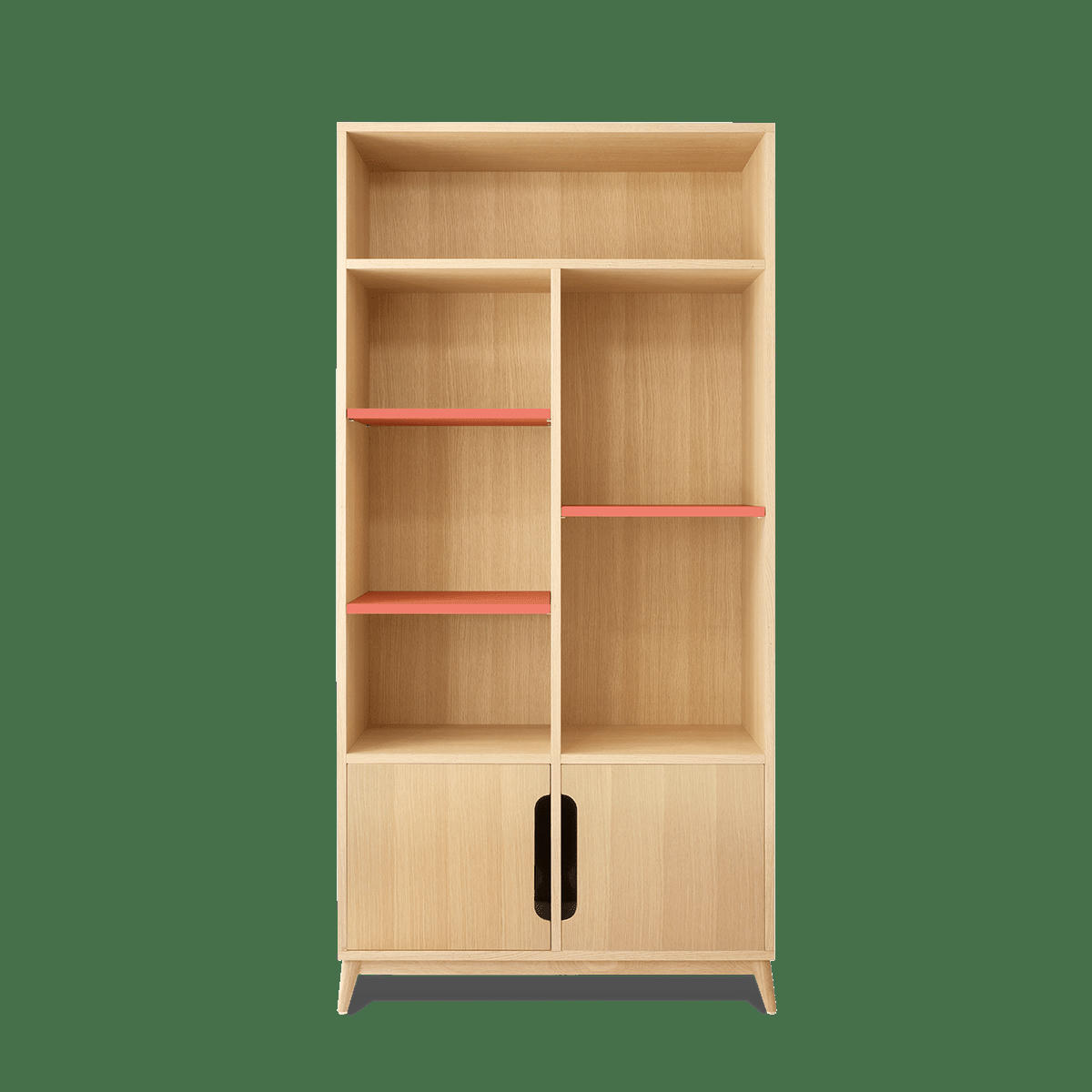 BOOK - Bibliotheque peu profonde couleur chêne et corail, 2 portes-175*86*40.