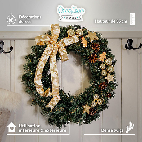 Creative Home Couronne de Noël Dorée - Diamètre 35 cm - Decoration Noel Exterieur - Couronne de Noel Porte - Décoration Noel
