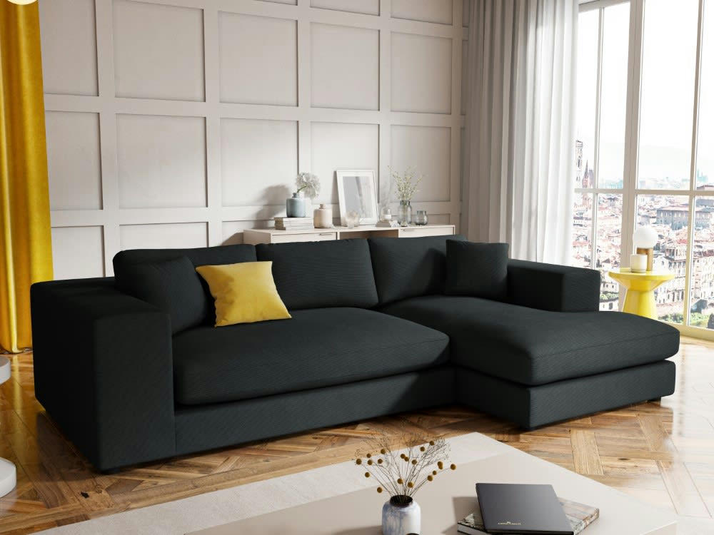 TENDANCE - Canapé d'angle 5 places en tissu structuré noir