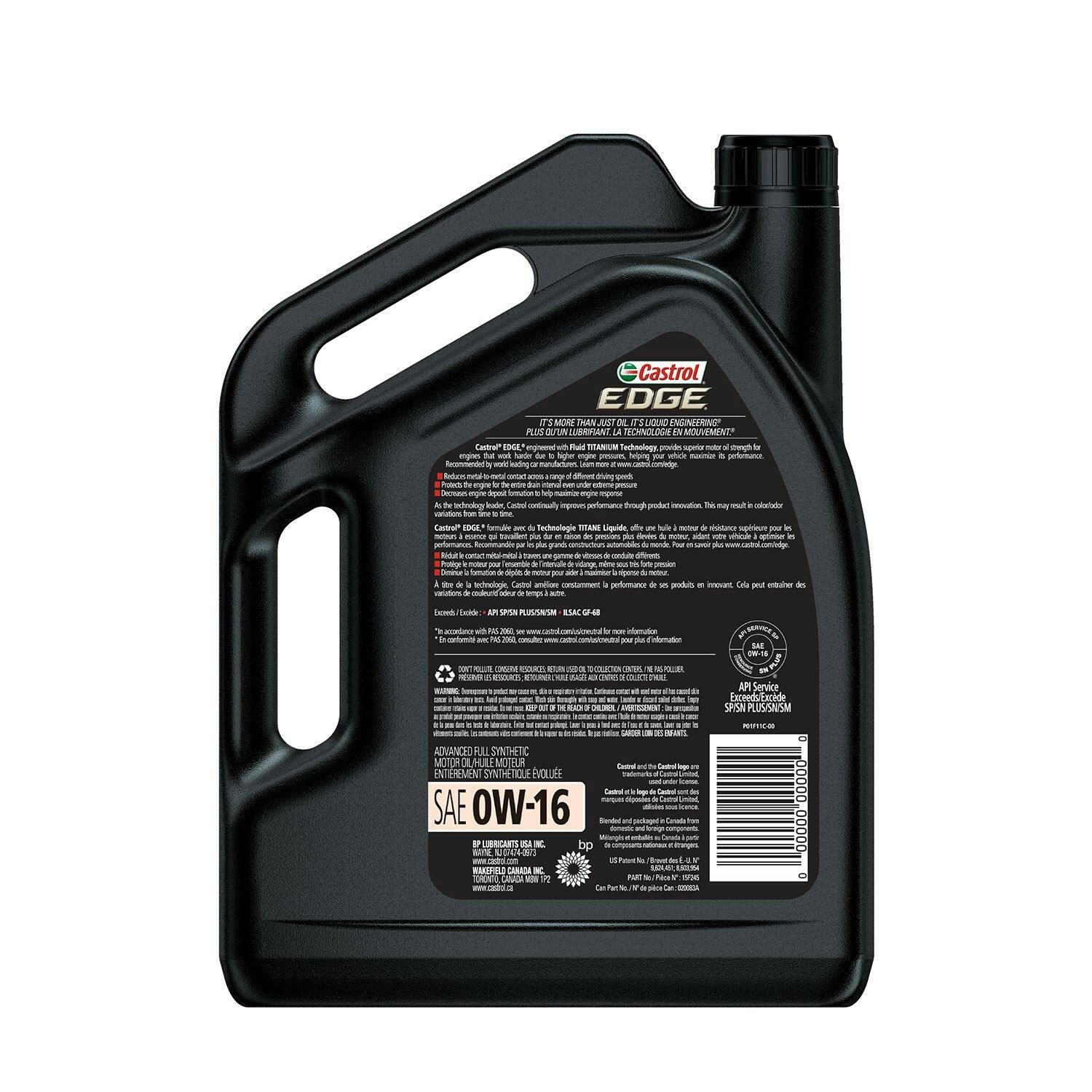 Castrol EDGE 0W-16 Advanced Full Synthetic Motor Oil, 5-L