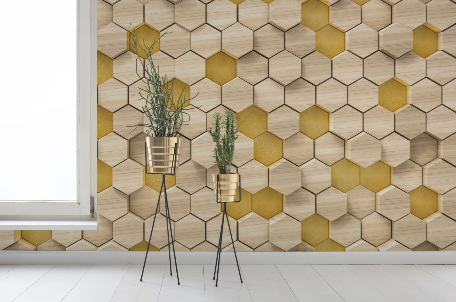 Sanders & Sanders fotobehang hexagon beige en geel - 400 x 250 cm - 611883