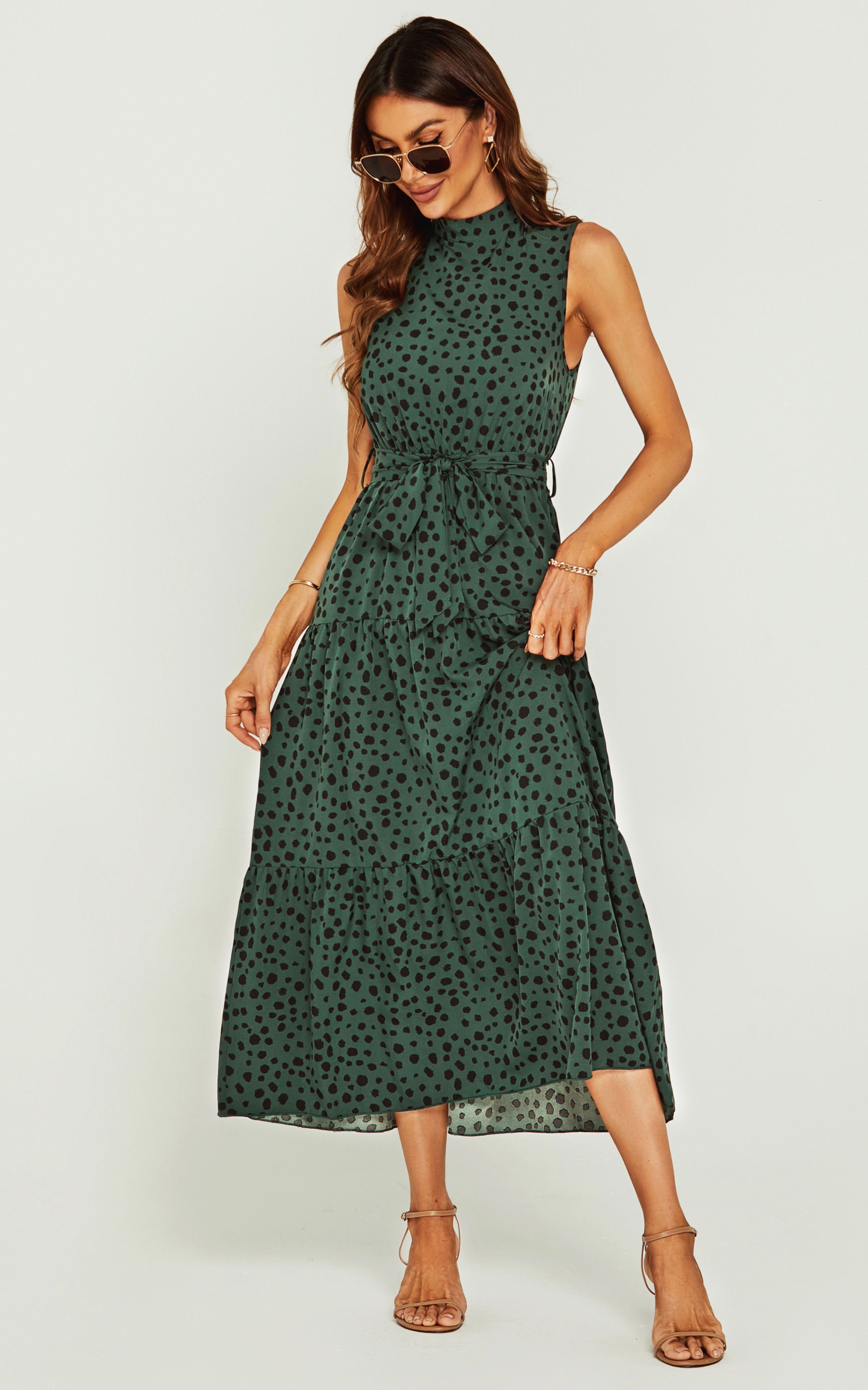 FS Collection Leopard Print Halter Neck Maxi Layer Dress In Green