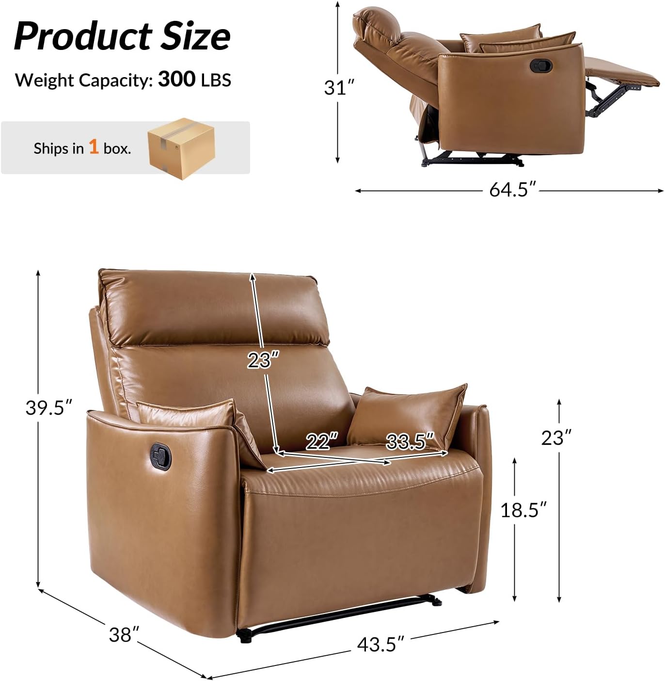 HULALA HOME Faux Leather Oversized Recliner Chair, Manual Pushback Recliner with Extra Wide Seat and Thick Padded Backrest for Living Room, Camel