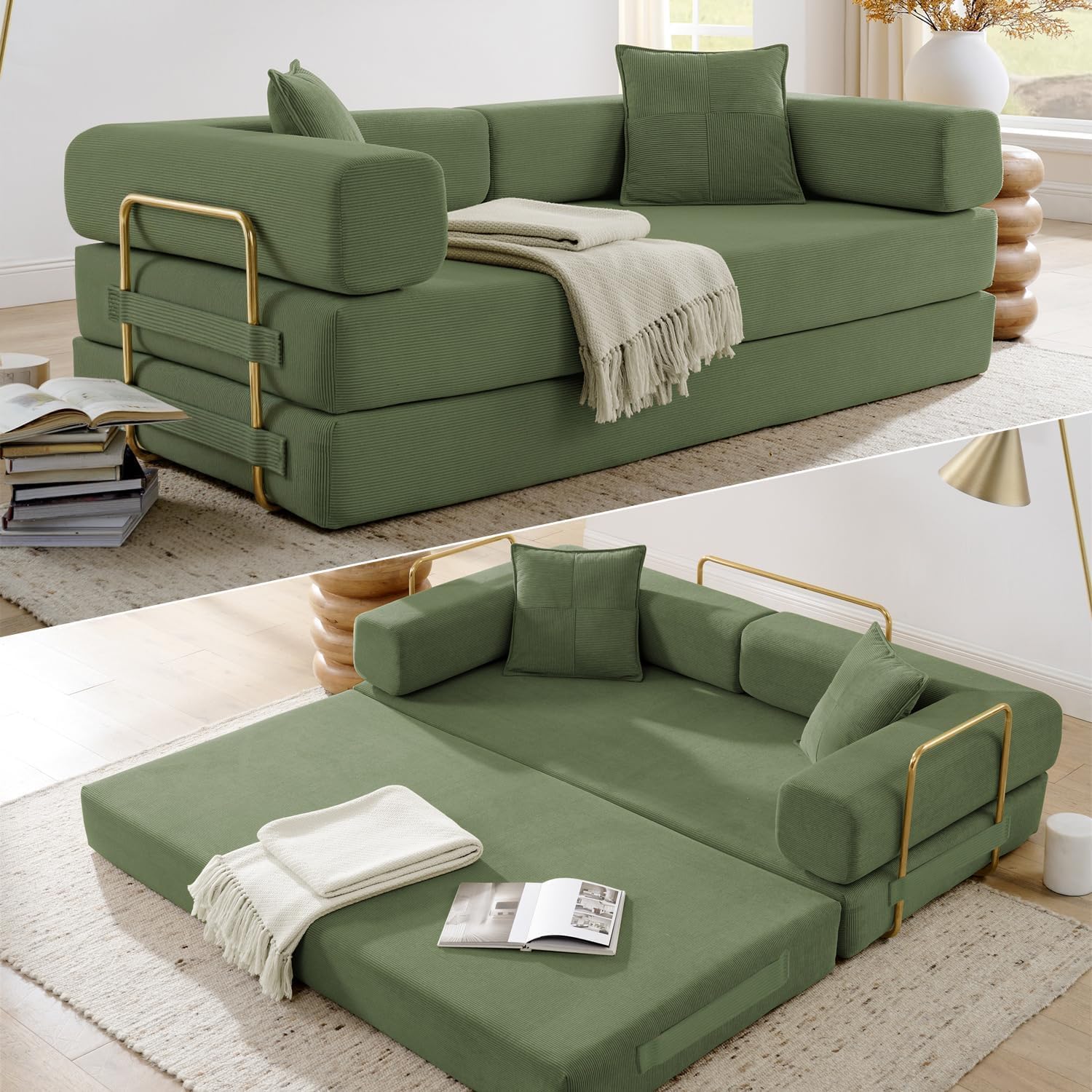 Convertible Folding Sofa Bed, Modern Futon Sleeper Sofa Fold Out Couch Bed with Gold Fixed Frame, Modular Floor Sofas Comfy Corduroy Boneless Couches for Living Room (78 Green)