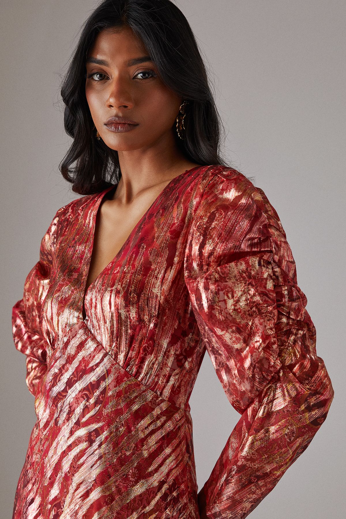 Warehouse Metallic Jacquard Ruched Sleeve Plunge Neck Bias Midi Dress