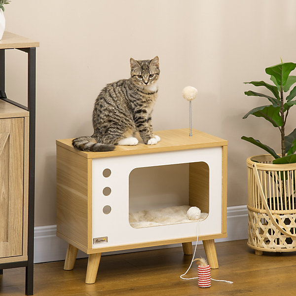 Maison pour chat design poste de télévision - niche chat panier chat - 2 coussins amovibles - aspect bois clair blanc