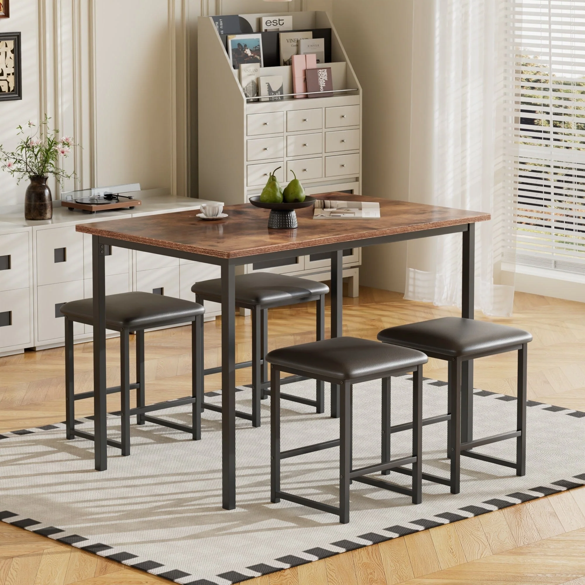 VECELO Kitchen Table and Chairs for 4, Dining Table Set with PU Chairs/Stools, Wooden Tabletop
