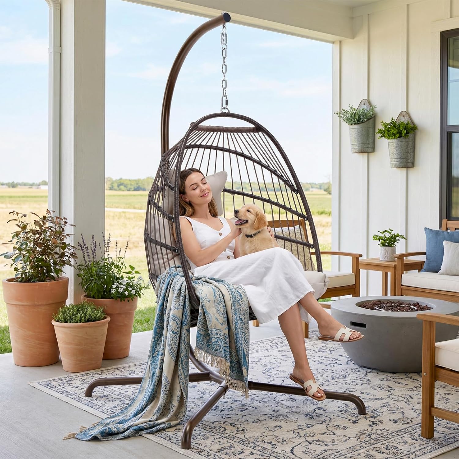 RADIATA Wicker Egg Swing Chair with Stand for Outside, Outdoor Comfy Hanging Egg Patio Chairs with Thick Cushion, 350Lbs Durable Swinging Rattan Chair for Bedroom Porch Backyard Balcony, Brown, Tan
