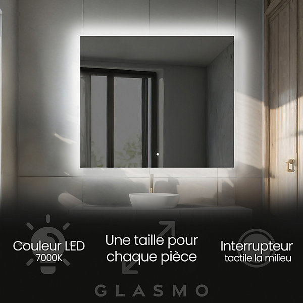 Miroir de Salle de Bain LED - Ellie, 140x80 cm, LED Lumineux Miroir, Blanc Froid 7000K, Interrupteur Tactile