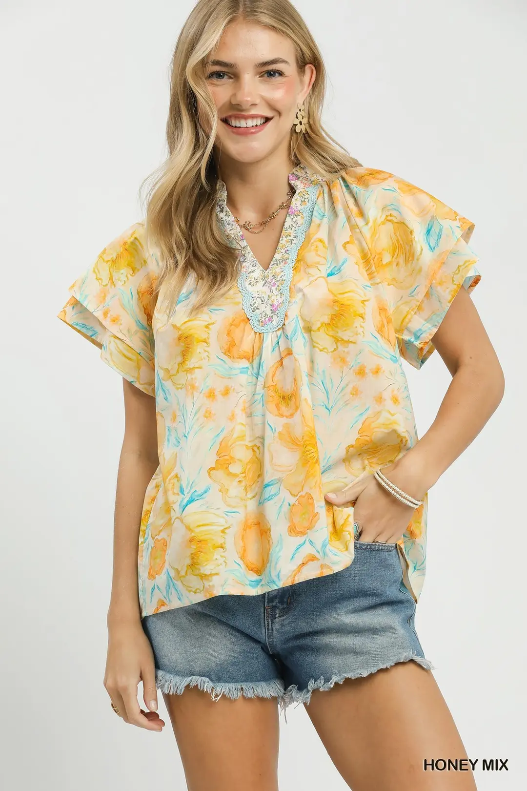 Mix Floral Print Blouse with Crochet Lace Trim