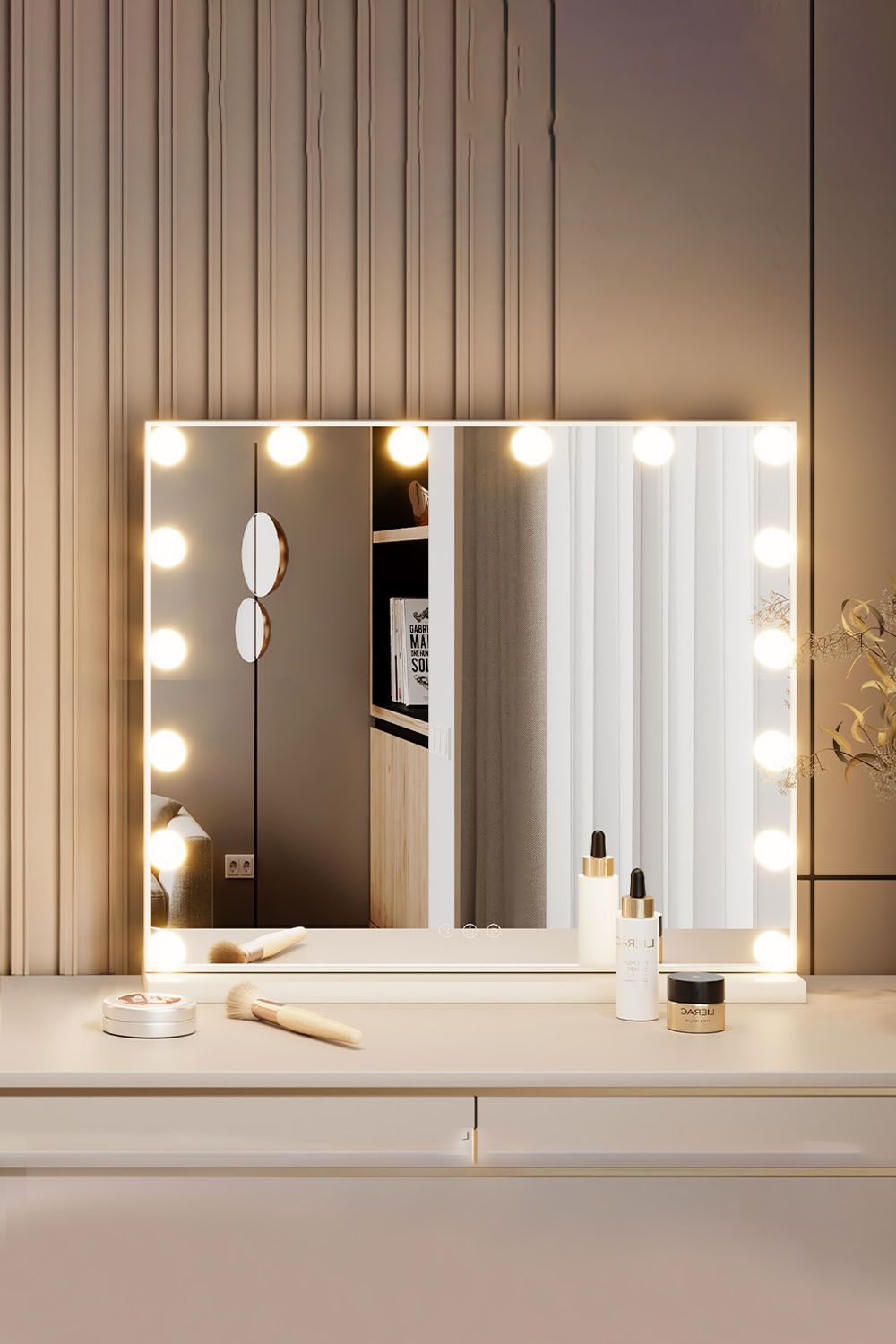 Living and Home Metal Round Hollywood Vanity Mirror with LED Lights & Touch Screen Control,Tabletop Cosmetic Mirror For Home