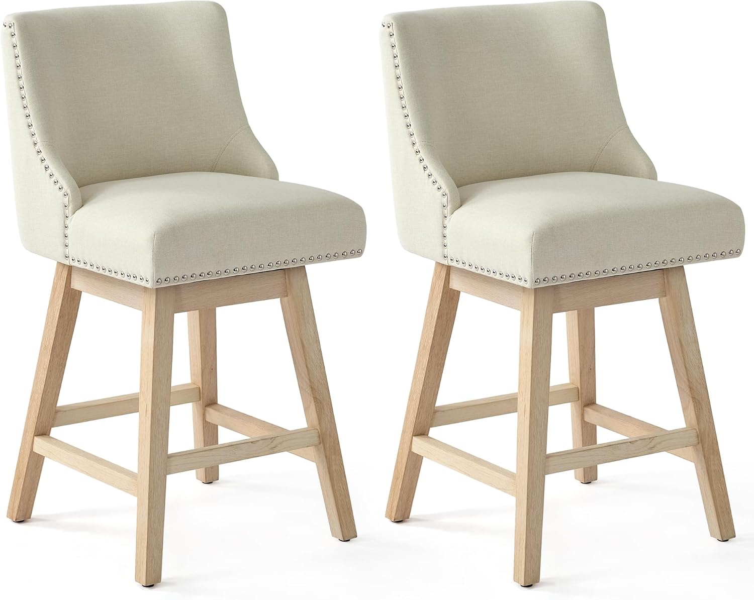 Counter Height Swivel Bar Stools Set of 2, Modern Linen Fabric Swivel Barstools with Back and Wood Legs, Upholstered 26 Seat Height Counter Stools for Kitchen Island, Home Bar, Beige