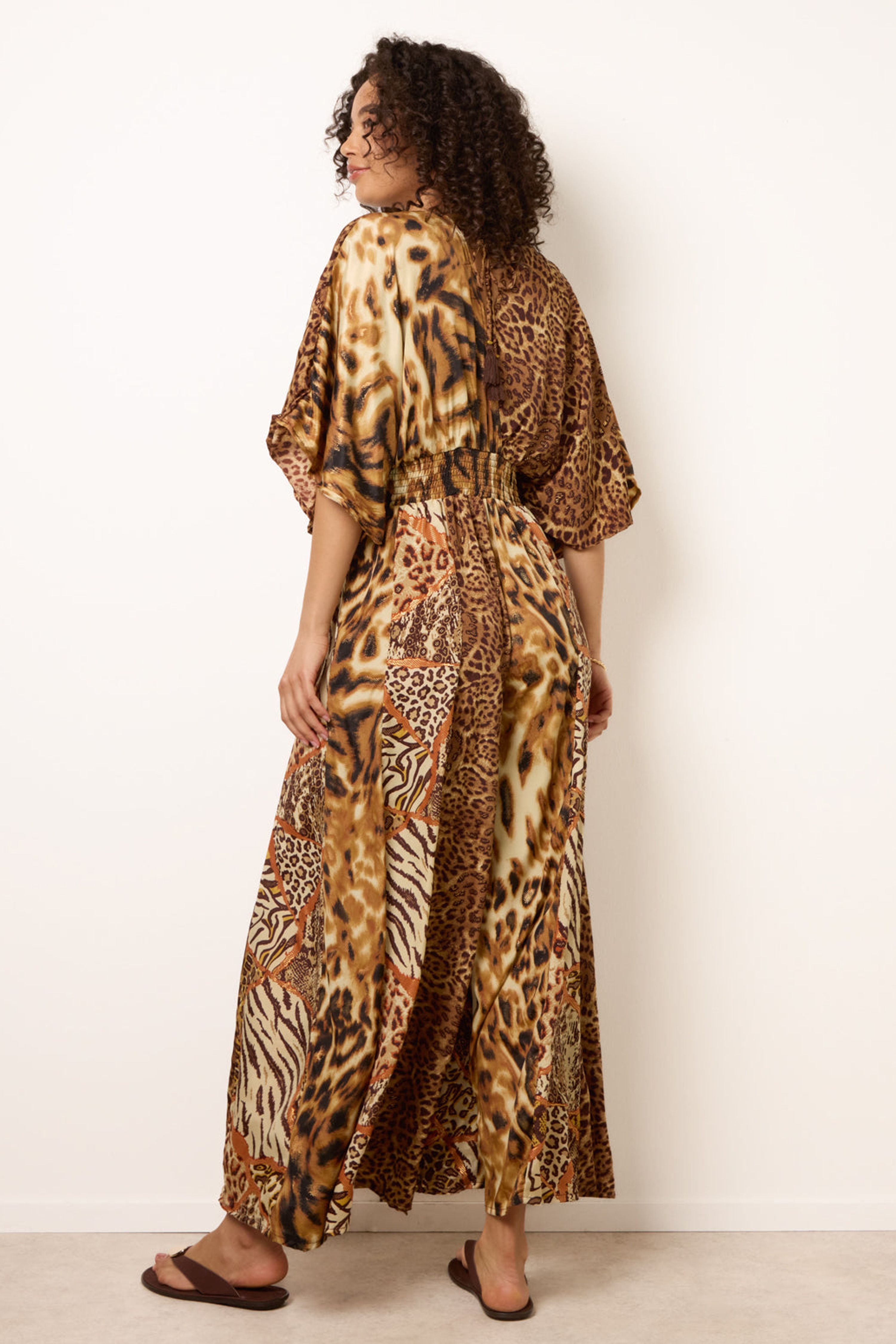 Blue Vanilla Brown Animal Print Wide Leg Cross Over Jumpsuit