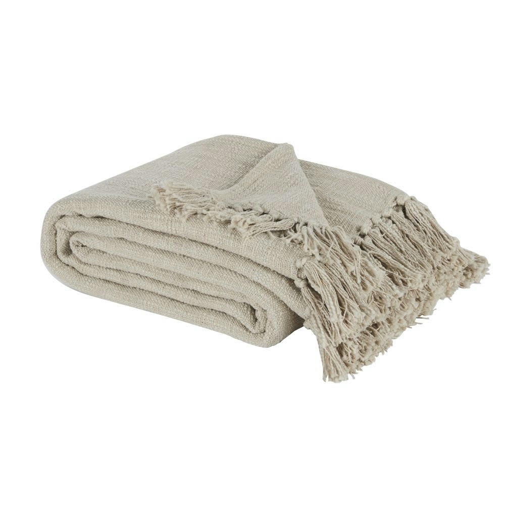 LIMANA - Plaid en coton recyclé beige avec pompons 160x210