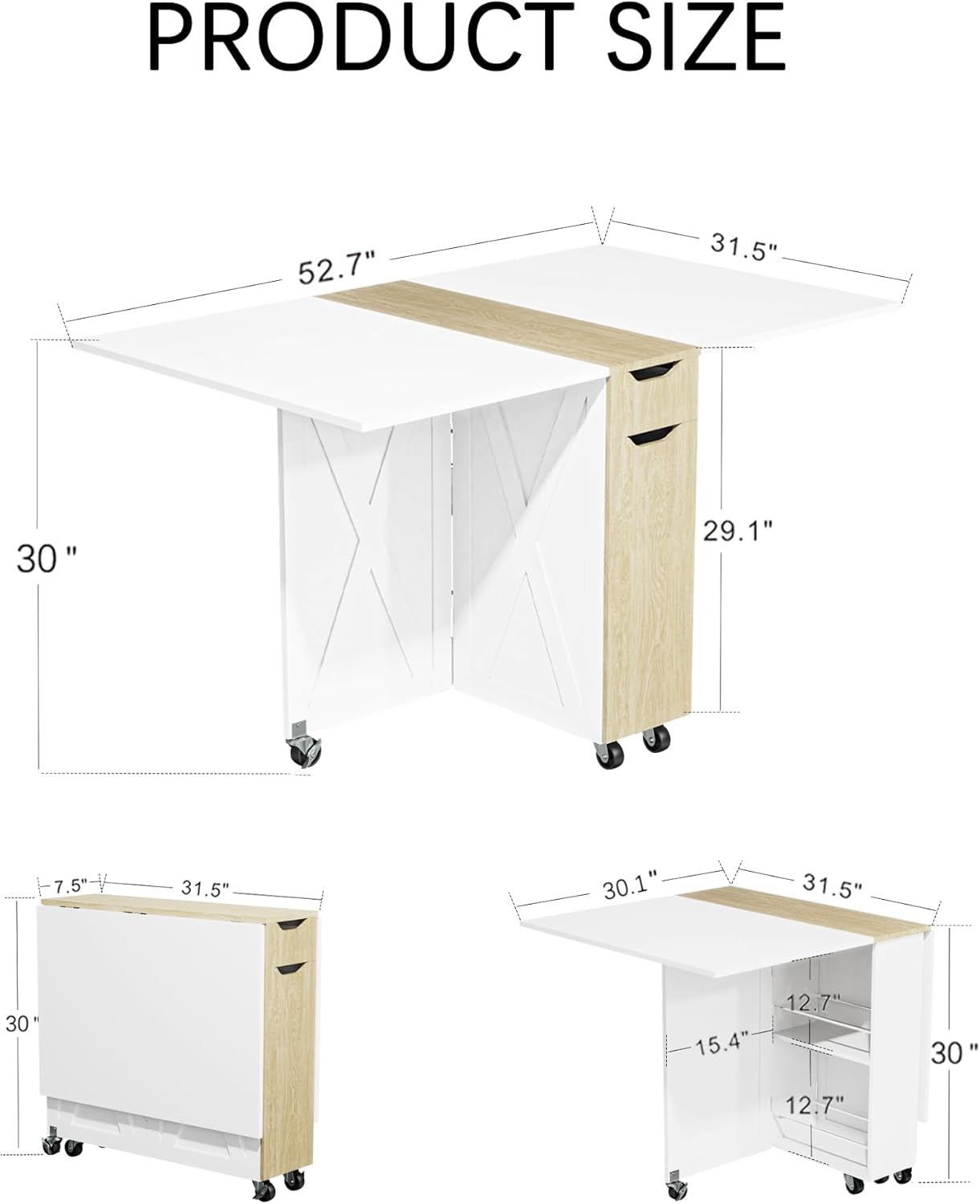 Folding Dining Table with 6 Wheels, Drop Leaf Tables for Small Spaces, Foldable Dining Table with 2-Layer Storage Rack, Kitchen Table with Drawer (White and Oak)