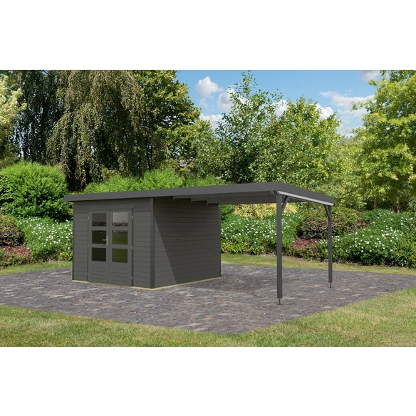 Gartenhaus »Haby B«, Außenmaß (BxHxT): 574 x 218,5 x 271 cm, terragrau/anthrazit, Anbaudach 3m