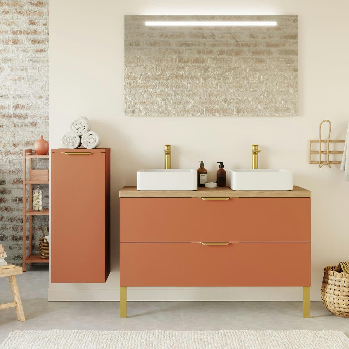 VENICE - Meuble salle de bain 2 vasques posées 120cm 2 tiroirs Terracotta