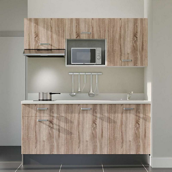 Kitchenette K30 - 180 cm - façades Bois - Plan monobloc en quartz coloris Snova évier à droite - Electroménager Inox