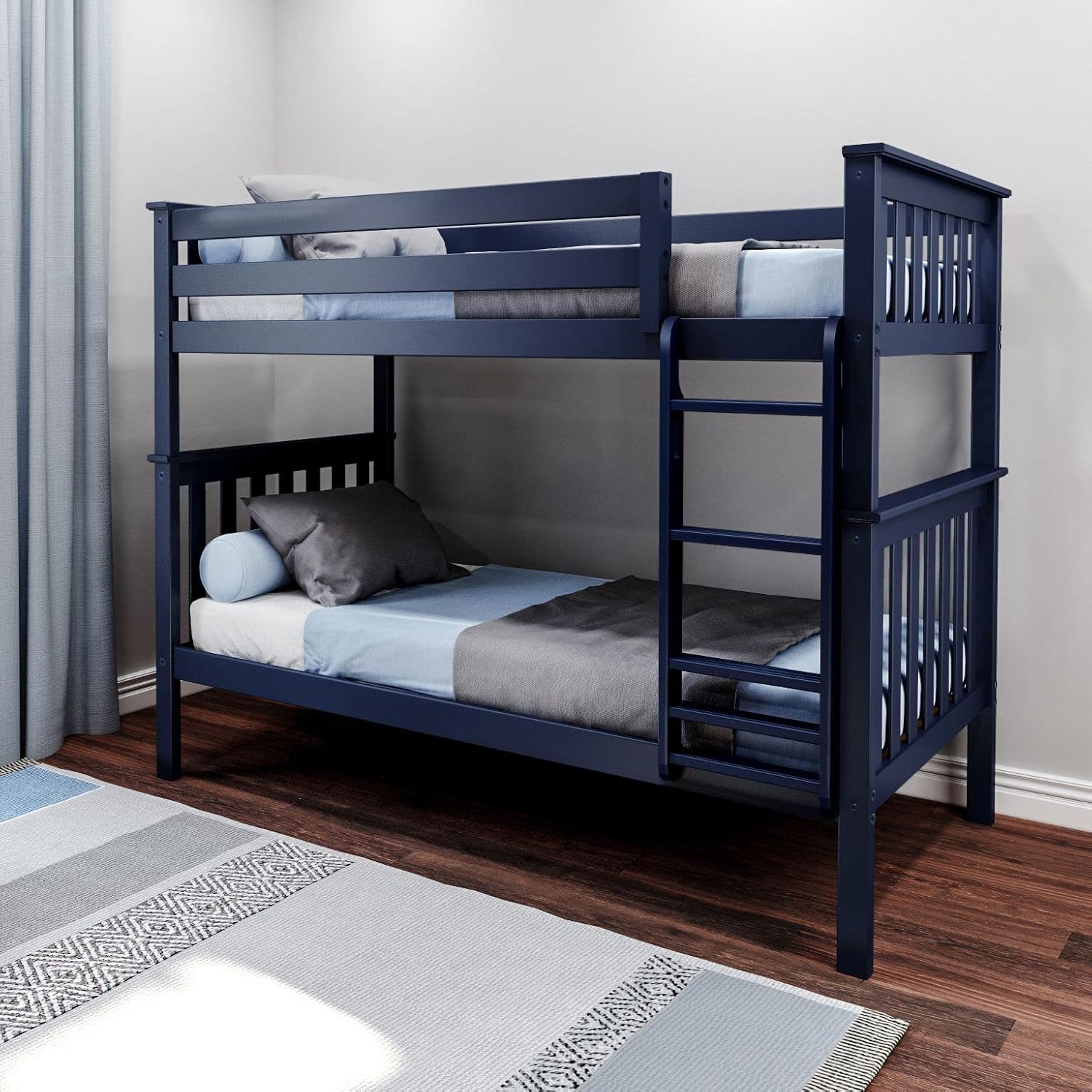 Max & Lily Bunk Bed Twin over Twin, Solid Wood Bunk Bed Frame with Ladder for Kids, 14 Safety Guardrails, Easy Assembly, No Box Spring Needed, Blue