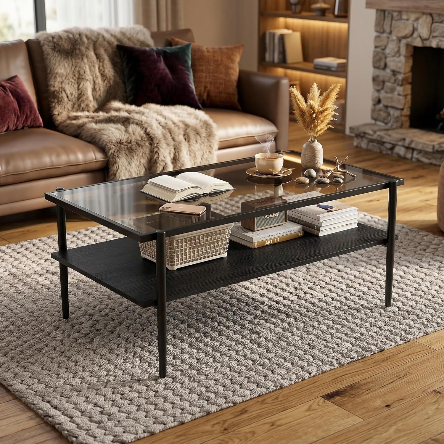 Casaphoria Rectangle Coffee Table, Modern 2-Tier Center Table with Gray Tempered Glass Top & Black Metal Legs, Living Room Furniture with Open Storage Shelf, 38.4 Inch