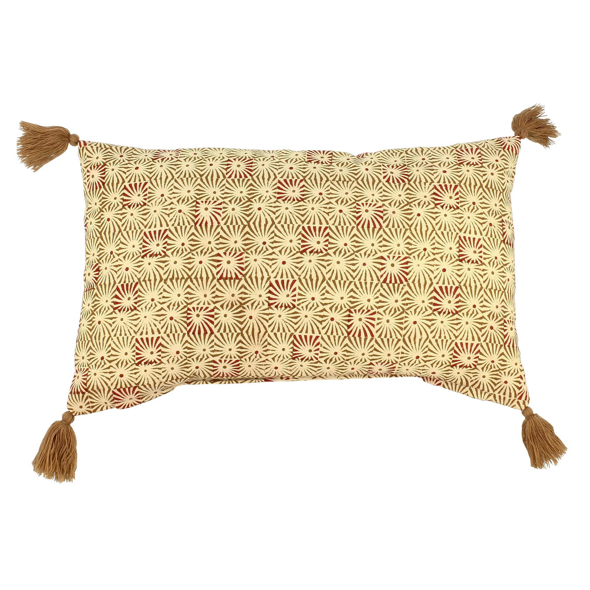 BANJARA - Coussin en coton camel avec pompons 30x50cm