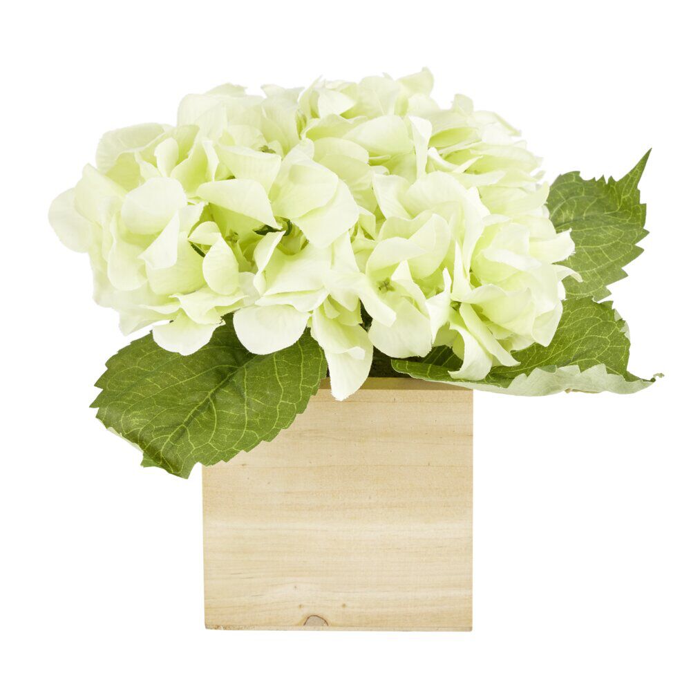 Hortensia artificiel blanc 4 têtes pot en bois 20x20xH20cm