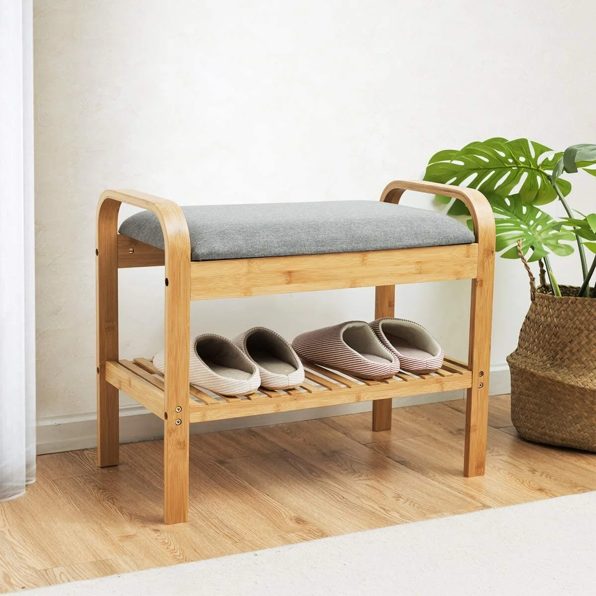Shoe Rack Bench with Storage, with Cushioned Seat & Storage Shelf
