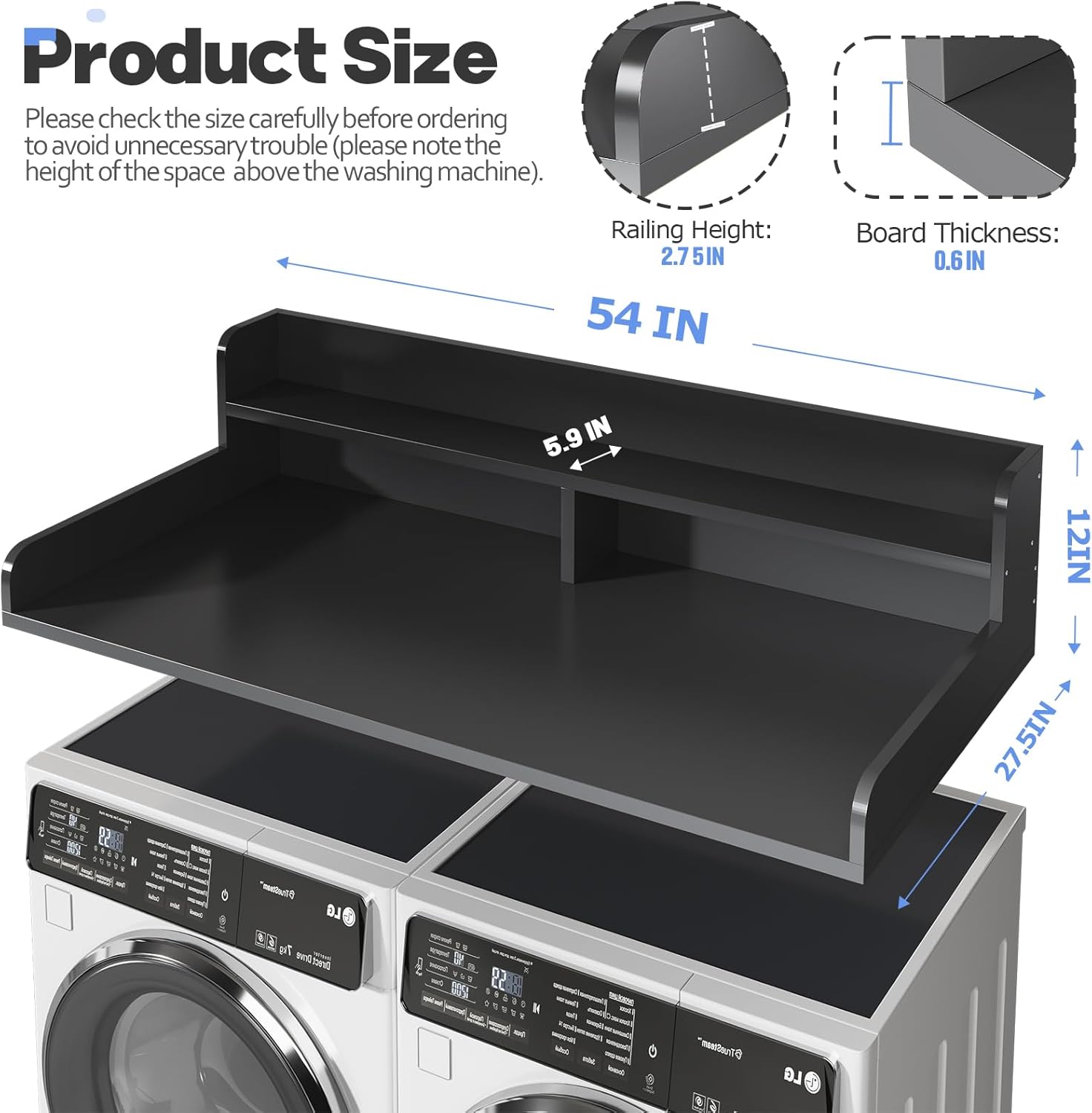 2-Tier Washer and Dryer Countertop with 2.75 H Guard,54 W x 27.5 D Laundry Countertop Cover with Non-Slip Pad,Large Space Laundry Topper for Folding Clothes Over Washer and Dryer-Black