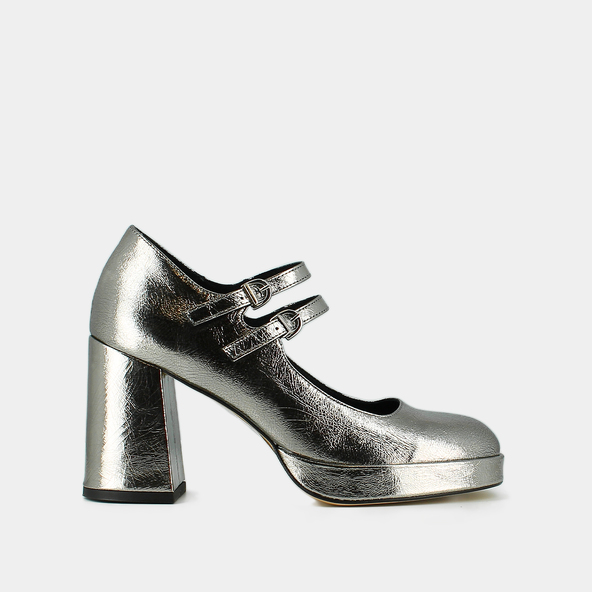 Babies à doubles brides et plateformesen cuir métallisé argent foncé | VERITE