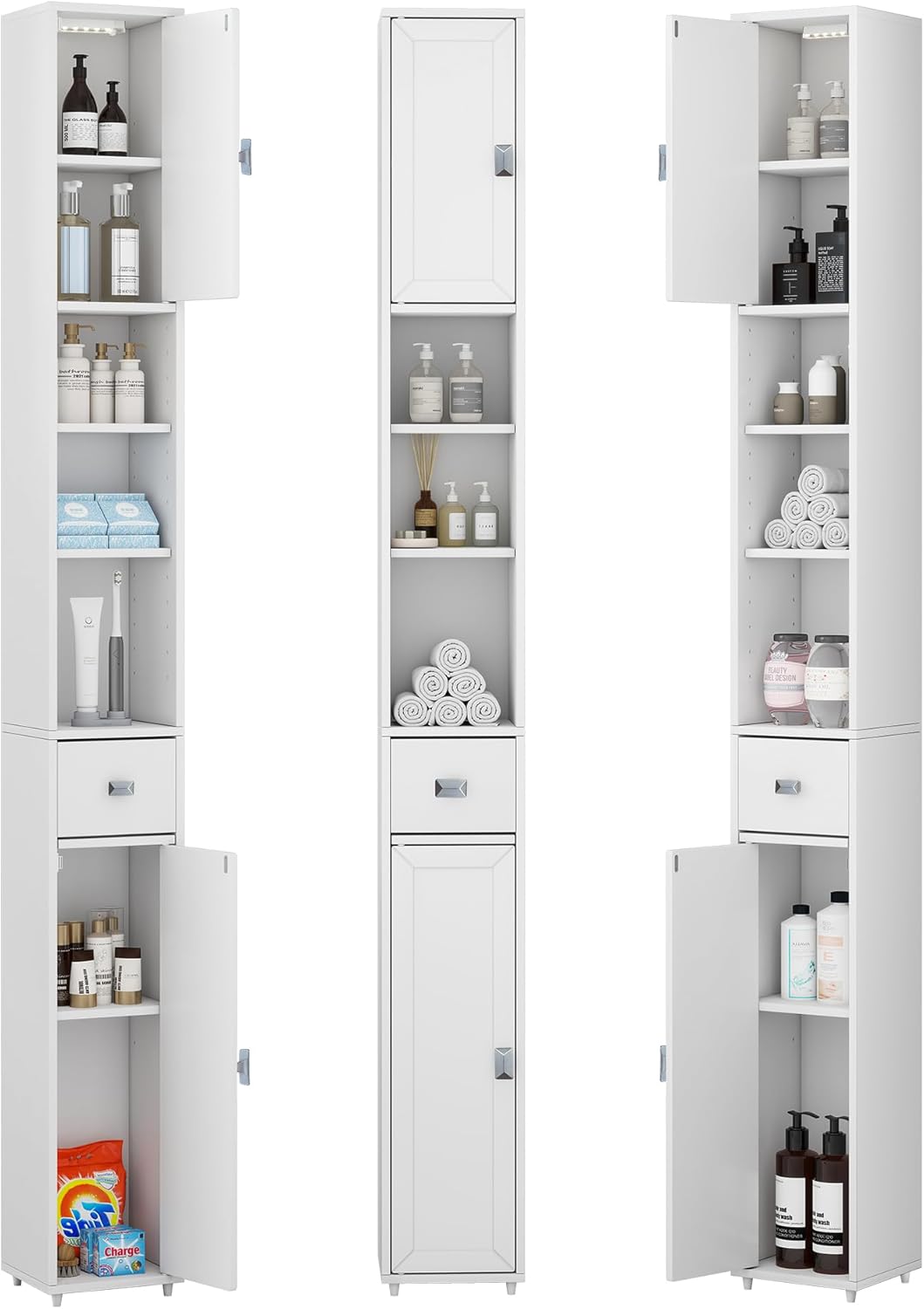 Tall Storage Cabinet, 7.9 Inch Narrow Bathroom Cabinet with USB Magnetic Light, Open Shelf, Magnetic Doors & Drawer, 5 Adjustable Shelves, Anti-Tip Kit for Small Spaces, Living Room, White, 70.9 H