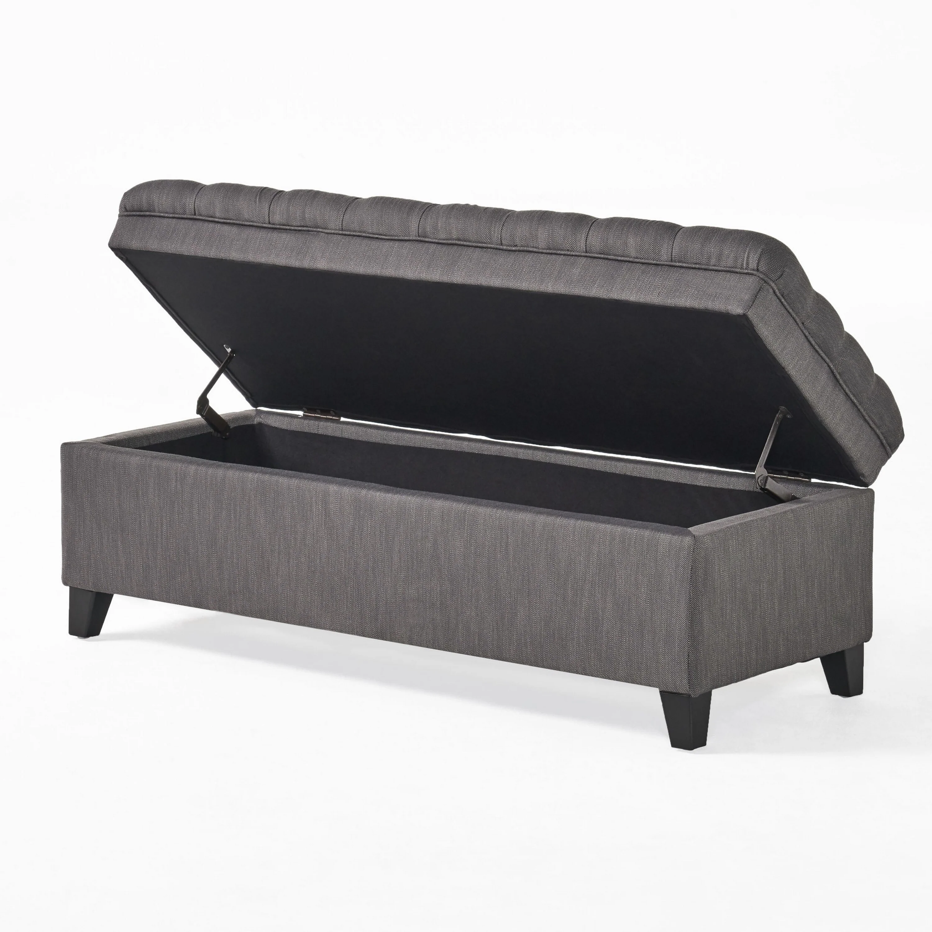 Rhya Storage Bench, 50 Inch Button Tufted Plush Seat, Soft Gray Fabric